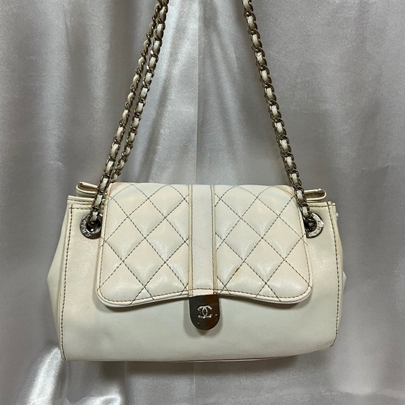 CHANEL Handbags - Chanel white quilted leather with white leather braided silver chain   80-B3b